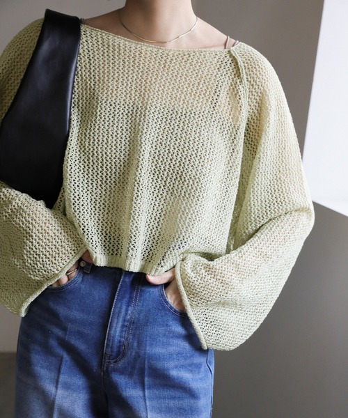 select MOCA(セレクトモカ)の「【ZOZO限定】アウトシームラメショートメッシュニット(ニット/セーター・レディース・グリーン/グレー/アイボリー・FREE)」の1枚目の写真
