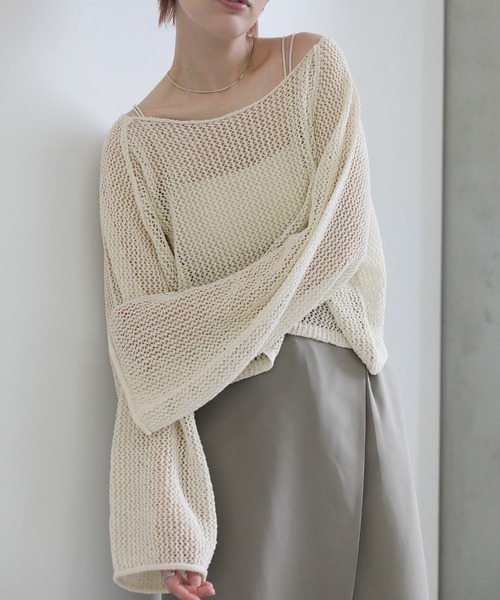 select MOCA(セレクトモカ)の「【ZOZO限定】アウトシームラメショートメッシュニット(ニット/セーター・レディース・グリーン/グレー/アイボリー・FREE)」の2枚目の写真