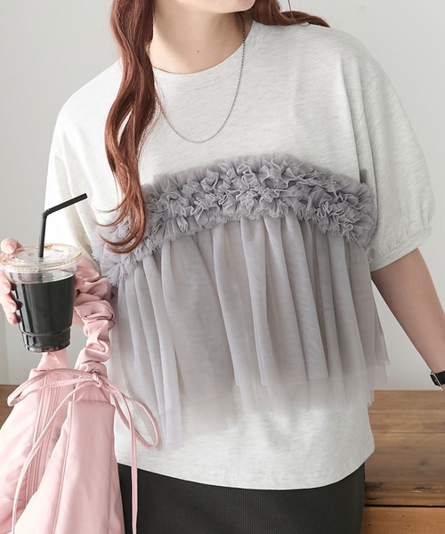 BONLECILL（ボンルシール）の「フリルチュールビスチェバックリボンボリュームスリーブTEE（Tシャツ/カットソー・レディース・オートミール/オフホワイト/ブラック・FREE）」の3枚目の写真
