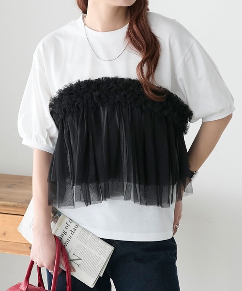BONLECILL（ボンルシール）の「フリルチュールビスチェバックリボンボリュームスリーブTEE（Tシャツ/カットソー・レディース・オートミール/オフホワイト/ブラック・FREE）」の16枚目の写真
