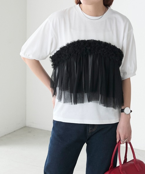 BONLECILL（ボンルシール）の「フリルチュールビスチェバックリボンボリュームスリーブTEE（Tシャツ/カットソー・レディース・オートミール/オフホワイト/ブラック・FREE）」の17枚目の写真