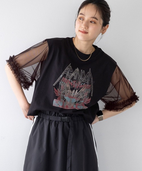 RAGEBLUE（レイジブルー）の「袖フリルシアー切替/プリントTシャツ（Tシャツ/カットソー・レディース・ブラック/その他/グレー系/ブラック系・FREE）」の3枚目の写真