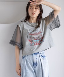 袖フリルシアー切替/プリントTシャツ