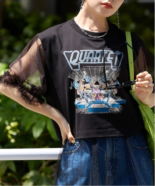 RAGEBLUE（レイジブルー）の「袖フリルシアー切替/プリントTシャツ（Tシャツ/カットソー・レディース・ブラック/その他/グレー系/ブラック系・FREE）」の2枚目の写真