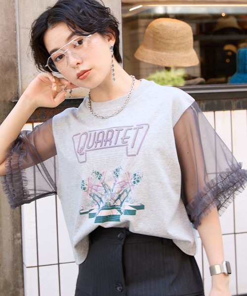 RAGEBLUE（レイジブルー）の「袖フリルシアー切替/プリントTシャツ（Tシャツ/カットソー・レディース・ブラック/その他/グレー系/ブラック系・FREE）」の10枚目の写真