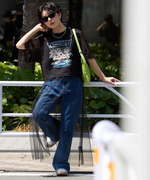 RAGEBLUE（レイジブルー）の「袖フリルシアー切替/プリントTシャツ（Tシャツ/カットソー・レディース・ブラック/その他/グレー系/ブラック系・FREE）」の9枚目の写真