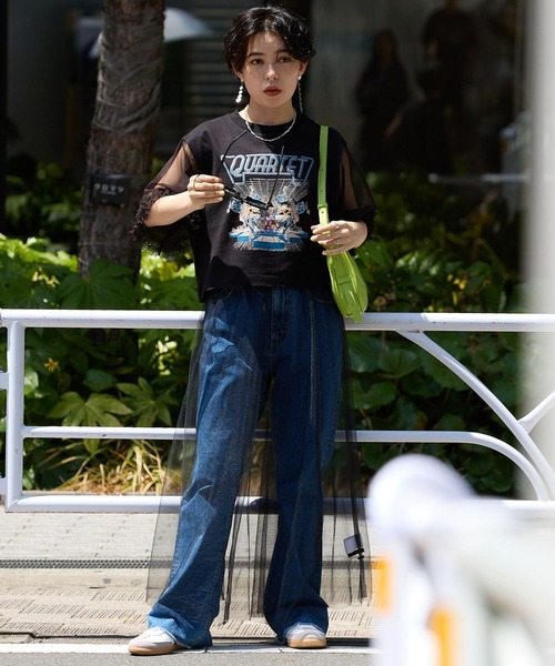 RAGEBLUE（レイジブルー）の「袖フリルシアー切替/プリントTシャツ（Tシャツ/カットソー・レディース・ブラック/その他/グレー系/ブラック系・FREE）」の7枚目の写真