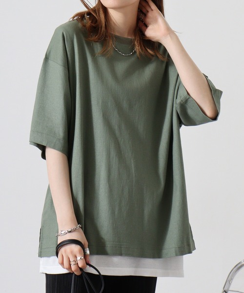 ATELANE(アテレーン)の「リネンストレッチ半袖アンサンブルTシャツ(Tシャツ/カットソー・メンズ・キナリ/カーキ/チャコール・L/M)」の3枚目の写真