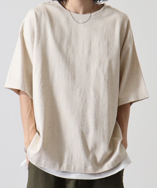 ATELANE(アテレーン)の「リネンストレッチ半袖アンサンブルTシャツ(Tシャツ/カットソー・メンズ・キナリ/カーキ/チャコール・L/M)」の2枚目の写真
