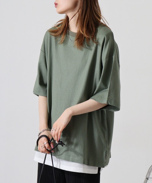 ATELANE(アテレーン)の「リネンストレッチ半袖アンサンブルTシャツ(Tシャツ/カットソー・メンズ・キナリ/カーキ/チャコール・L/M)」の4枚目の写真