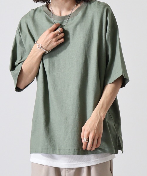 ATELANE(アテレーン)の「リネンストレッチ半袖アンサンブルTシャツ(Tシャツ/カットソー・メンズ・キナリ/カーキ/チャコール・L/M)」の7枚目の写真