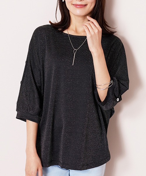 BELLUNA PLUS(ベルーナ)の「ラメ調肩ボタンデザインプルオーバー(Tシャツ/カットソー・レディース・エメラルド/イエロー/ブラック・MEDIUM/X-LARGE/LARGE)」の7枚目の写真