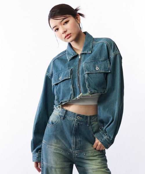 SPIRALGIRL（スパイラルガール）の「3Dポケットデザインデニムショートジャケット（デニムジャケット・レディース・ブラック/ブルー・FREE）」の6枚目の写真