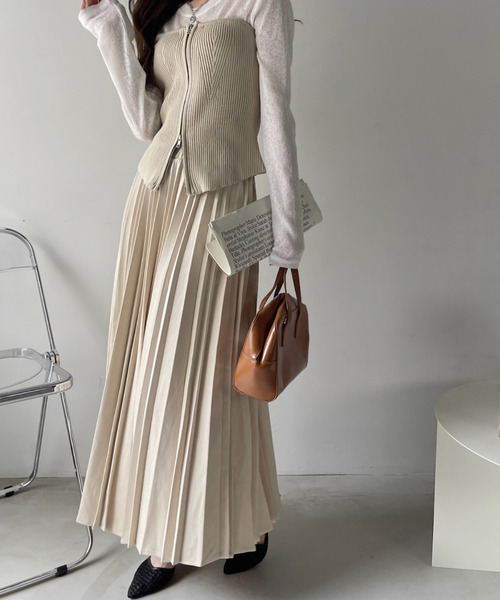 Ada.(エイダ)の「ウエストゴムで楽ちん♪ ポンチ スウェード プリーツ ロングスカート(スカート・レディース・アイボリー/グリーン/ボルドー/ダークグレー・FREE)」の1枚目の写真
