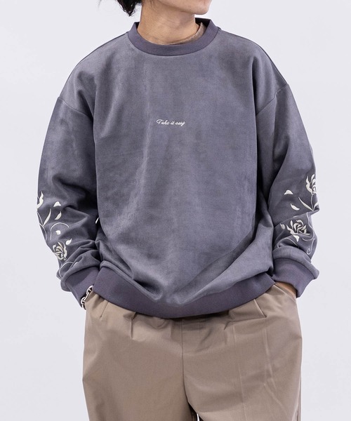 Naive magic（ナイーブマジック）の「【a】カットスウェード アームフラワーエンブロイダリー クルーネック スウェット（スウェット・メンズ・チャコールグレー/ブルー/グレイッシュベージュ/ブルーグレー/ミント/ライトグレー・MEDIUM/LARGE）」の7枚目の写真