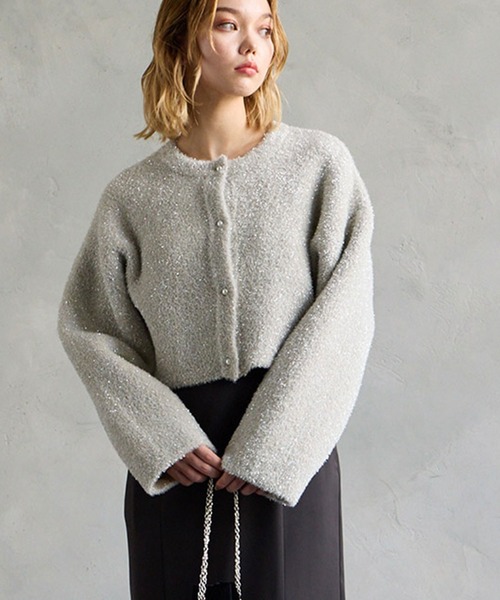 未使用級】エメ ラメシャギーニットパールボタンカーディガン M ラメ