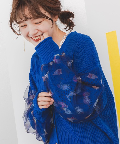 ScoLar（スカラー）の「143648：ニット×おめかしネコちゃん チュール切替カーディガン（カーディガン/ボレロ・レディース・ブルー/ブラック/アイボリー・M）」の8枚目の写真