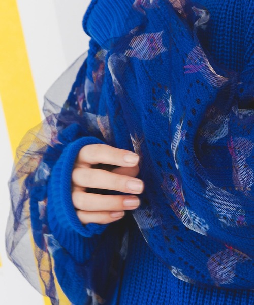 ScoLar（スカラー）の「143648：ニット×おめかしネコちゃん チュール切替カーディガン（カーディガン/ボレロ・レディース・ブルー/ブラック/アイボリー・M）」の9枚目の写真