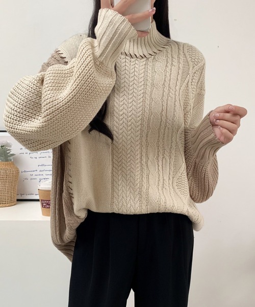 ABITOKYO(アビトーキョー)の「配色ケーブル切替ハンドステッチニットプルオーバー(ニット/セーター・レディース・ブラック/アイボリー/マスタード・FREE)」の2枚目の写真
