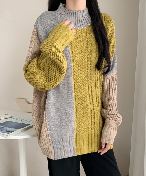 ABITOKYO(アビトーキョー)の「配色ケーブル切替ハンドステッチニットプルオーバー(ニット/セーター・レディース・ブラック/アイボリー/マスタード・FREE)」の3枚目の写真