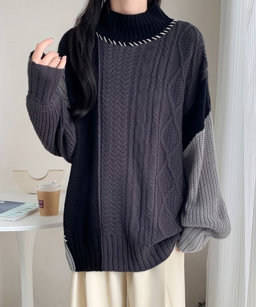 ABITOKYO(アビトーキョー)の「配色ケーブル切替ハンドステッチニットプルオーバー(ニット/セーター・レディース・ブラック/アイボリー/マスタード・FREE)」の1枚目の写真