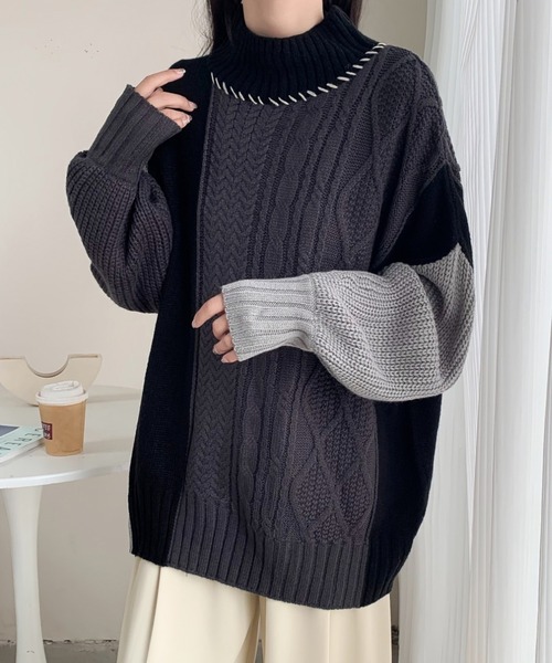 ABITOKYO(アビトーキョー)の「配色ケーブル切替ハンドステッチニットプルオーバー(ニット/セーター・レディース・ブラック/アイボリー/マスタード・FREE)」の13枚目の写真