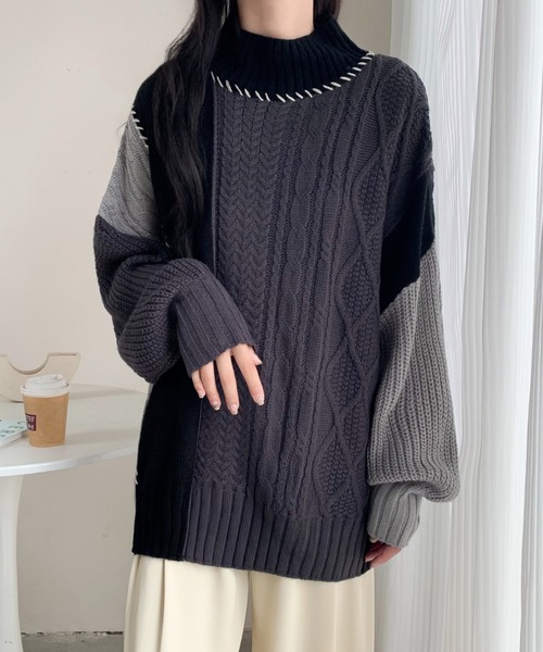 ABITOKYO(アビトーキョー)の「配色ケーブル切替ハンドステッチニットプルオーバー(ニット/セーター・レディース・ブラック/アイボリー/マスタード・FREE)」の14枚目の写真