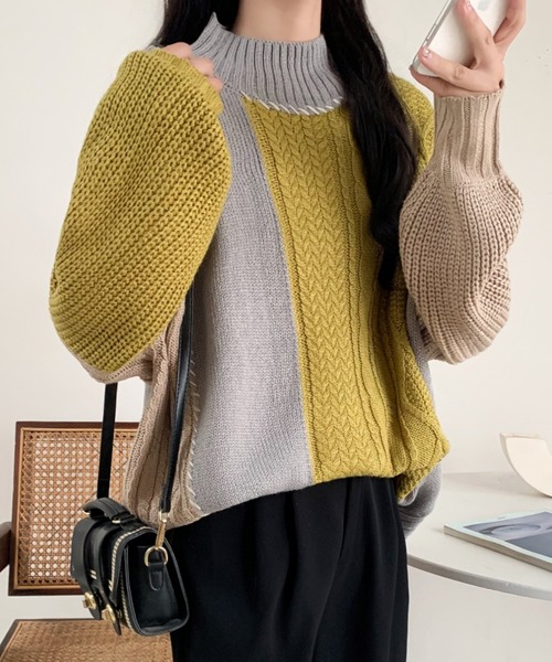 ABITOKYO(アビトーキョー)の「配色ケーブル切替ハンドステッチニットプルオーバー(ニット/セーター・レディース・ブラック/アイボリー/マスタード・FREE)」の4枚目の写真