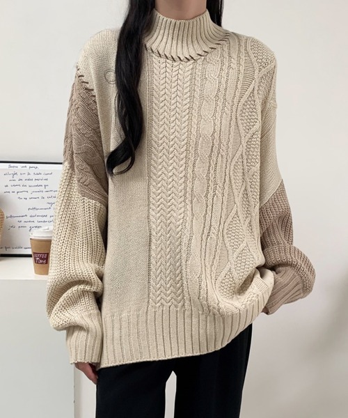 ABITOKYO(アビトーキョー)の「配色ケーブル切替ハンドステッチニットプルオーバー(ニット/セーター・レディース・ブラック/アイボリー/マスタード・FREE)」の7枚目の写真