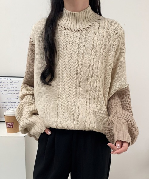 ABITOKYO(アビトーキョー)の「配色ケーブル切替ハンドステッチニットプルオーバー(ニット/セーター・レディース・ブラック/アイボリー/マスタード・FREE)」の8枚目の写真