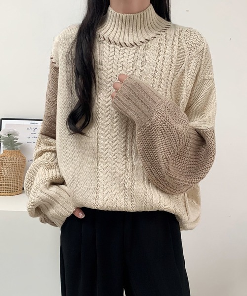 ABITOKYO(アビトーキョー)の「配色ケーブル切替ハンドステッチニットプルオーバー(ニット/セーター・レディース・ブラック/アイボリー/マスタード・FREE)」の9枚目の写真