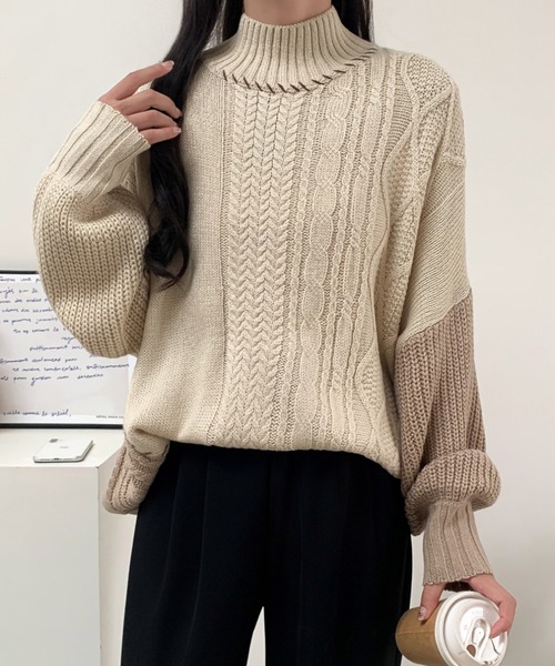 ABITOKYO(アビトーキョー)の「配色ケーブル切替ハンドステッチニットプルオーバー(ニット/セーター・レディース・ブラック/アイボリー/マスタード・FREE)」の11枚目の写真