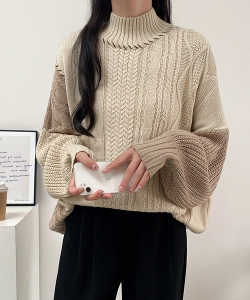 ABITOKYO(アビトーキョー)の「配色ケーブル切替ハンドステッチニットプルオーバー(ニット/セーター・レディース・ブラック/アイボリー/マスタード・FREE)」の12枚目の写真
