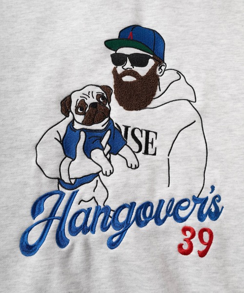 make a ray!（メイク ア レイ！）の「【MOJASH/モジャッシュ】おじさんキャラクター ＆ ドッグ サガラ刺繍 バックプリント刺繍 デザイン オーバーサイズ ジップパーカー/裏起毛（パーカー・メンズ・ブラック/アッシュグレー/ネイビー・M/L）」の12枚目の写真