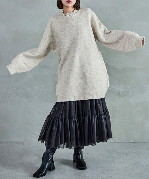 クルーネック ロング丈 ニットトップス（ニット/セーター）｜Fashion Letter（ファッションレター）