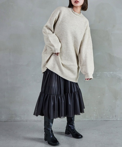 クルーネック ロング丈 ニットトップス（ニット/セーター）｜Fashion Letter（ファッションレター）