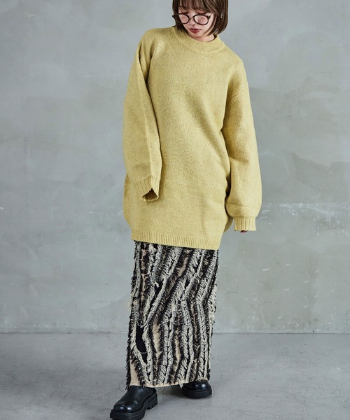 クルーネック ロング丈 ニットトップス（ニット/セーター）｜Fashion Letter（ファッションレター）