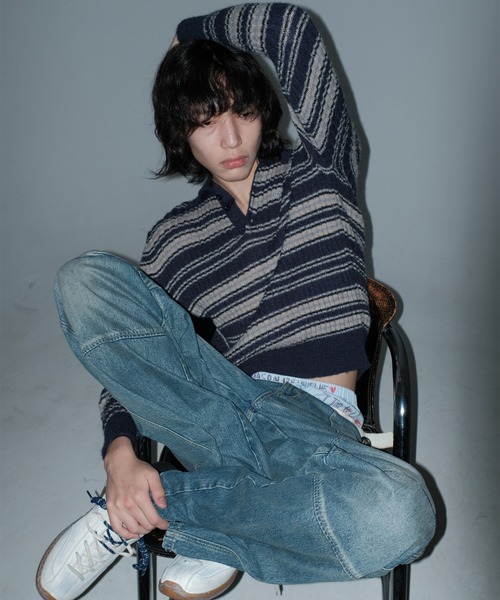 【セール】ジャストフィット ポロカラー ボーダー柄 ニット MY2145【MASONPRINCE】【2024AW】（ニット/セーター）｜MASONPRINCE（メイソンプリンス）