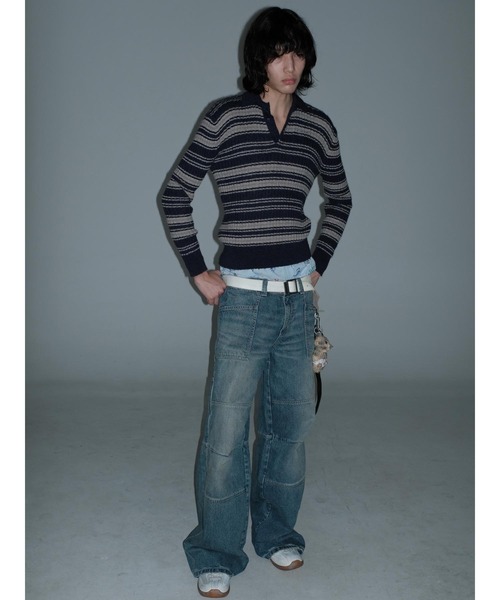 【セール】ジャストフィット ポロカラー ボーダー柄 ニット MY2145【MASONPRINCE】【2024AW】（ニット/セーター）｜MASONPRINCE（メイソンプリンス）