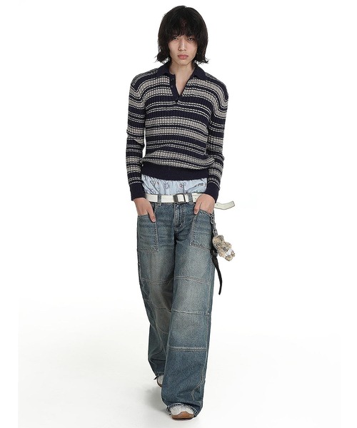 【セール】ジャストフィット ポロカラー ボーダー柄 ニット MY2145【MASONPRINCE】【2024AW】（ニット/セーター）｜MASONPRINCE（メイソンプリンス）