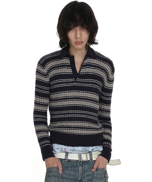 【セール】ジャストフィット ポロカラー ボーダー柄 ニット MY2145【MASONPRINCE】【2024AW】（ニット/セーター）｜MASONPRINCE（メイソンプリンス）