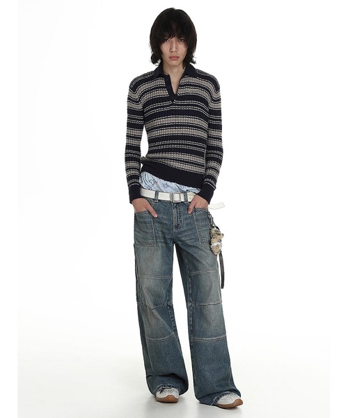 【セール】ジャストフィット ポロカラー ボーダー柄 ニット MY2145【MASONPRINCE】【2024AW】（ニット/セーター）｜MASONPRINCE（メイソンプリンス）