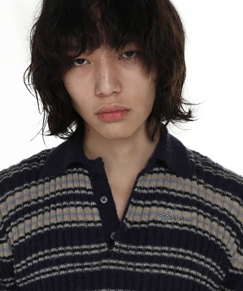 【セール】ジャストフィット ポロカラー ボーダー柄 ニット MY2145【MASONPRINCE】【2024AW】（ニット/セーター）｜MASONPRINCE（メイソンプリンス）