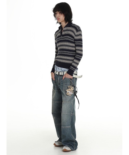 【セール】ジャストフィット ポロカラー ボーダー柄 ニット MY2145【MASONPRINCE】【2024AW】（ニット/セーター）｜MASONPRINCE（メイソンプリンス）