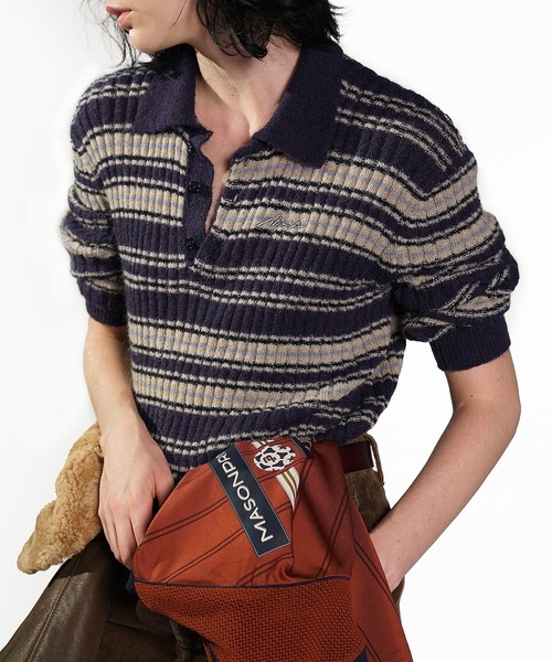 【セール】ジャストフィット ポロカラー ボーダー柄 ニット MY2145【MASONPRINCE】【2024AW】（ニット/セーター）｜MASONPRINCE（メイソンプリンス）
