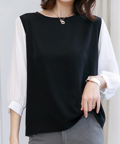 Asterellivi(アステレリビ)の「切替七分丈袖クルーネックドッキングTシャツ(シャツ/ブラウス・レディース・グレー/ブラック系その他/ブラック系その他2/ブラック・M/L/XL)」の3枚目の写真
