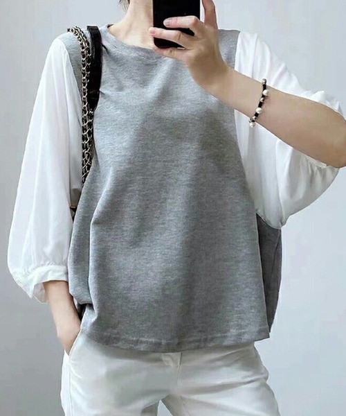 Asterellivi(アステレリビ)の「切替七分丈袖クルーネックドッキングTシャツ(シャツ/ブラウス・レディース・グレー/ブラック系その他/ブラック系その他2/ブラック・M/L/XL)」の9枚目の写真