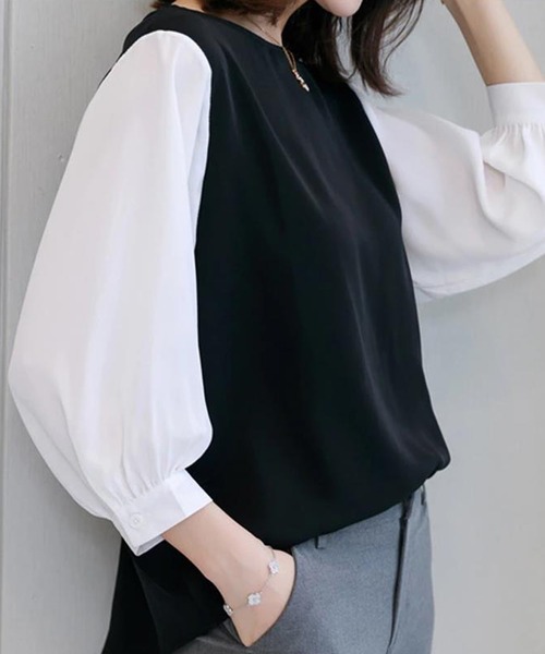 Asterellivi(アステレリビ)の「切替七分丈袖クルーネックドッキングTシャツ(シャツ/ブラウス・レディース・グレー/ブラック系その他/ブラック系その他2/ブラック・M/L/XL)」の14枚目の写真