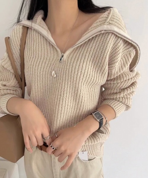 Miniministore(ミニミニストア)の「ハーフジップニットセーター ビッグカラー(ニット/セーター・レディース・ミント/ベージュ/グレー/ブラウン・FREE)」の3枚目の写真