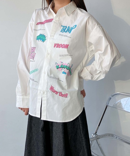 AS KNOW AS plus（アズノゥアズプラス）の「●アソートデザイン ちりばめロゴビッグサイズシャツ（シャツ/ブラウス・レディース・ブラック/オフホワイト/サックスブルー系/イエロー系・FREE）」の21枚目の写真